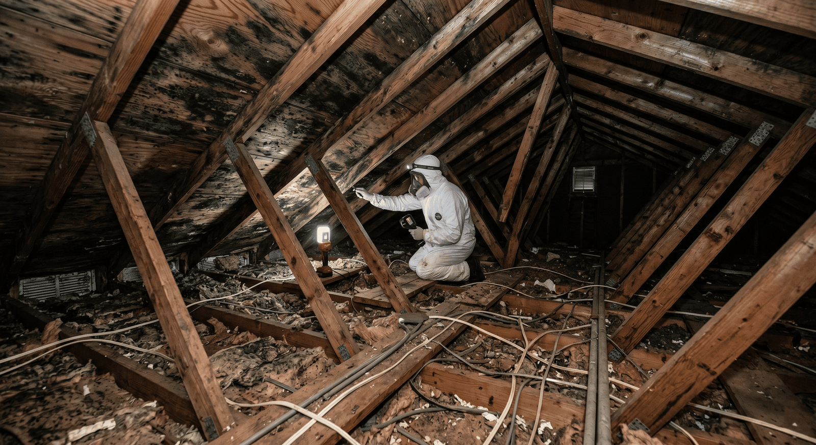 Mold on crawl space floor joists before encapsulation in a Spokane WA home