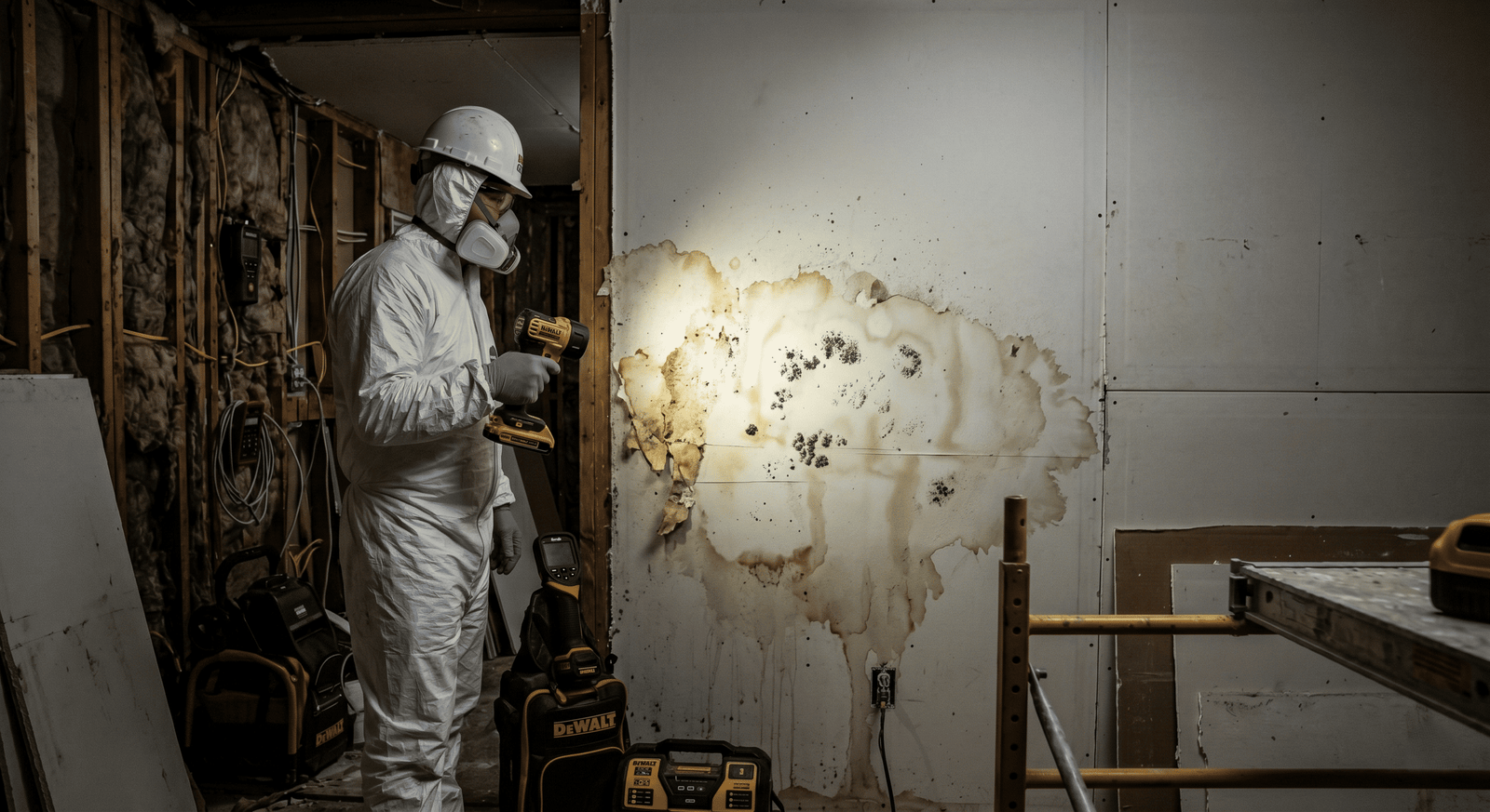 Before mold remediation — active black mold growth on basement wall framing in a Spokane WA home